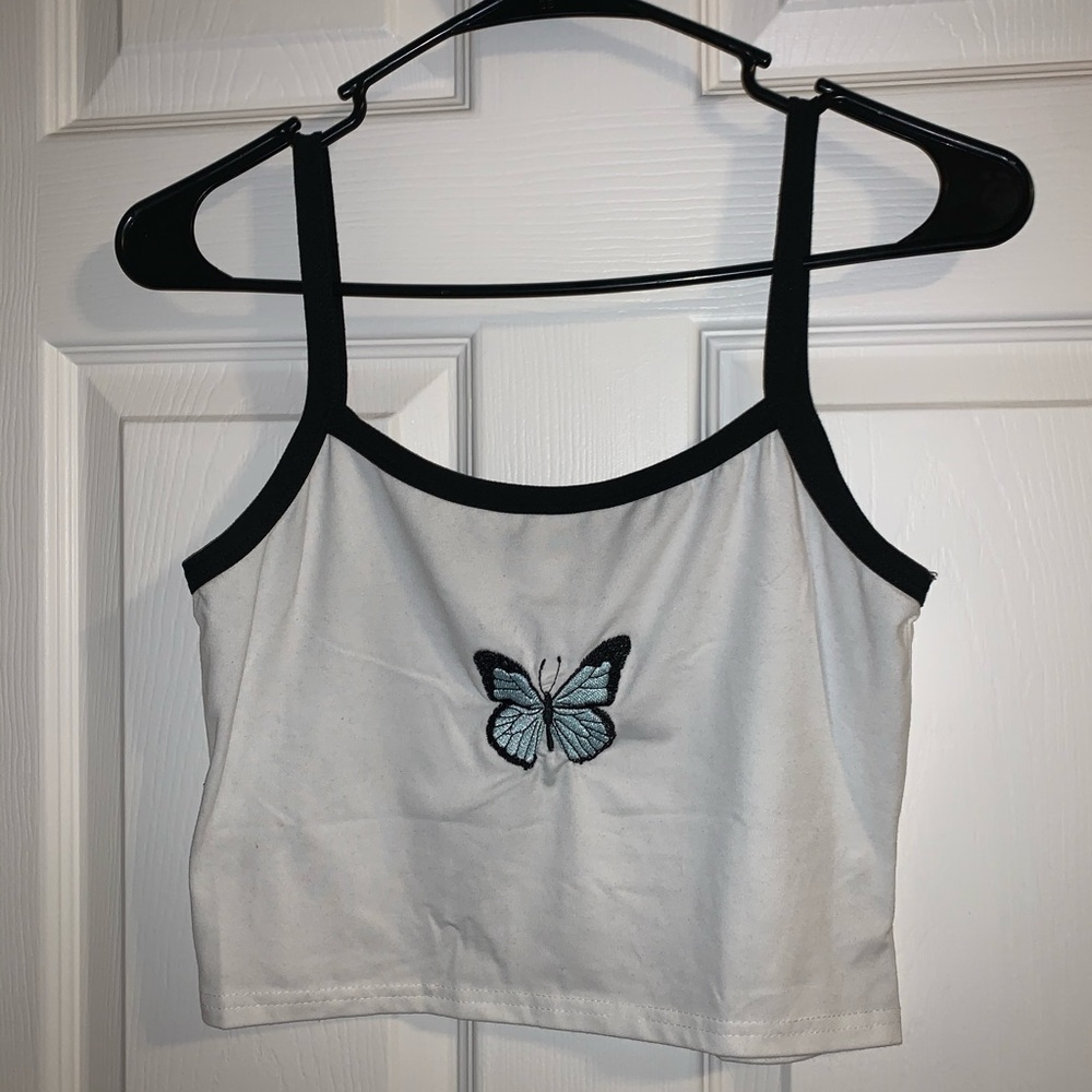 Cropped white cami with blue butterfly